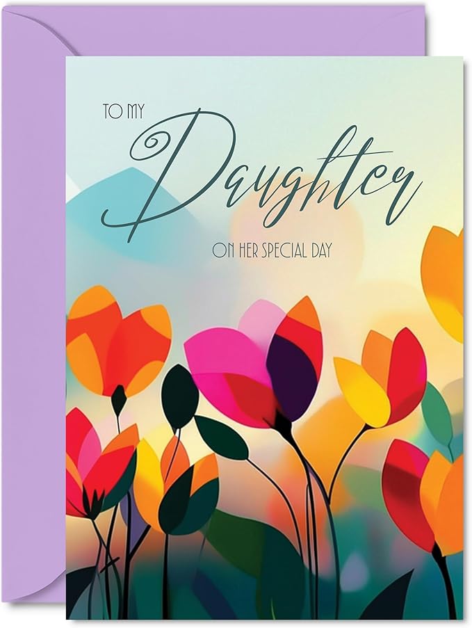 Daughter Birthday Card - Vibrant Summer Flowers - Vivid Happy Birthday Card for Daughter from Mum Dad, 5x7 Inch Female Floral Bday Golden Greeting Cards
