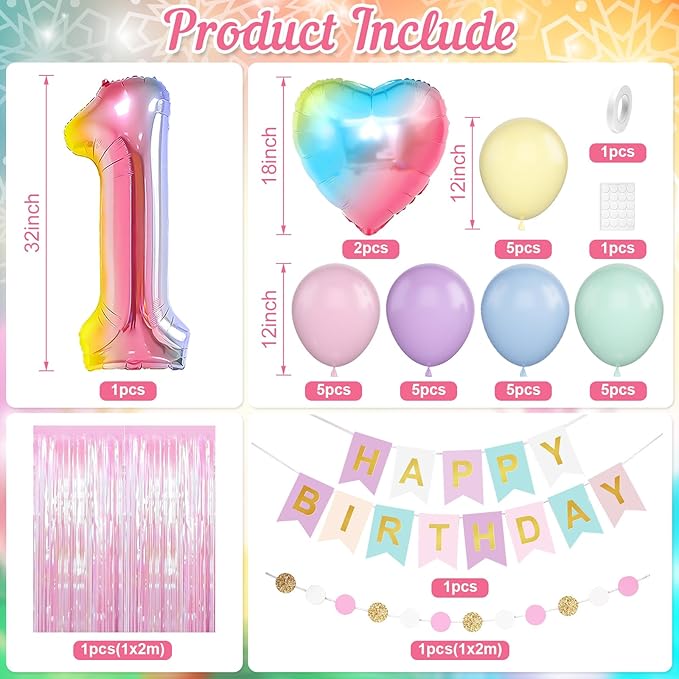1st Birthday Decorations Rainbow,Gradient Number 1 Balloon,Pastel Happy Birthday Banner Fringe Curtain Heart Foil Balloons Boys Girls First Birthday Decor