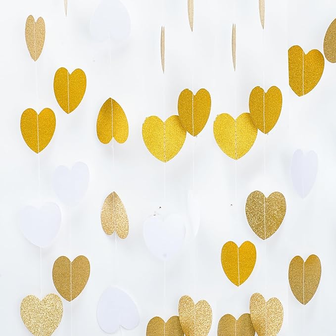White-Gold Champagne Party-Decorations, 52Ft Glitter Hearts Garlands, Hanging Paper Streamer Banner for Bachelorette Wedding Birthday Graduation Neutral Baby Bridal Shower Valentines Day Decor