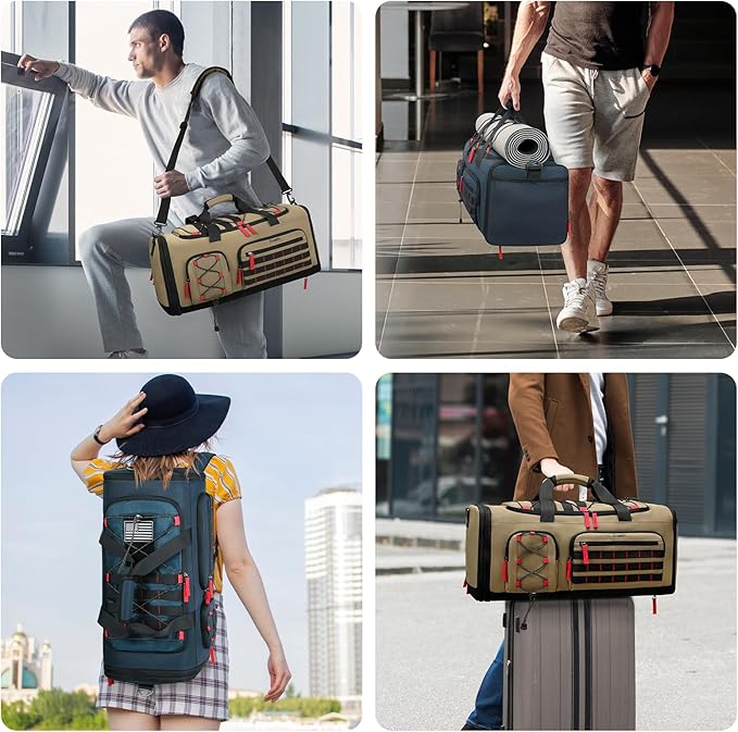 Bosstin Gym Bag for Men & Women,45L Travel Duffle Sports Duffel Bag Gym Weekender Overnight Backpack with Shoe Compartment (Khaki)