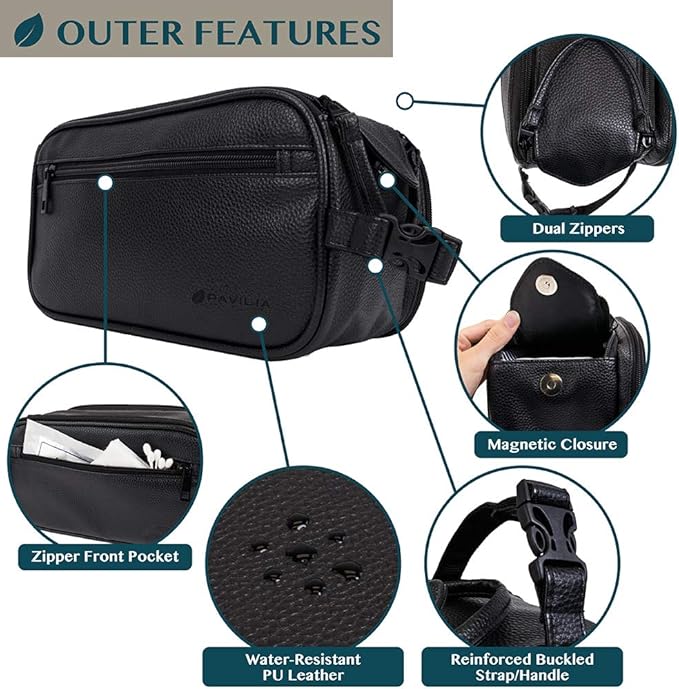 PAVILIA Toiletry Bag for Men, Travel Essentials Shaving Dopp Kit, Mens Travel Bag Toiletries Organizer Case for Grooming, PU Leather Water Resistant Cosmetic Bag Pouch (Black)