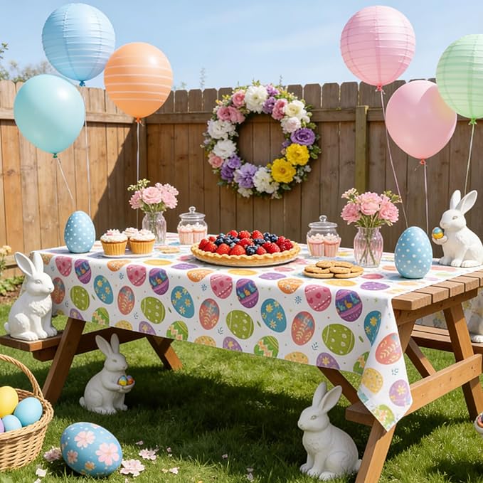 Easter Tablecloth, 8 Pack Colorful Easter Eggs Table Cloth, 54x108 Inch Plastic Disposable Rectangle Spring Table Cover for Easters Tables Decorations Outdoor Picnic Home Kitchen Dinner Party Supplies