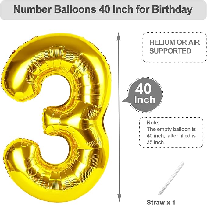 Numbers Balloons, 40 Inch 3 Balloon for Birthday Party Decoration, Gold Number 3 Ballon for 3, 13, 23, 30 Celebration, Boy and Girl Birthday, Christmas, Anniversary Decor