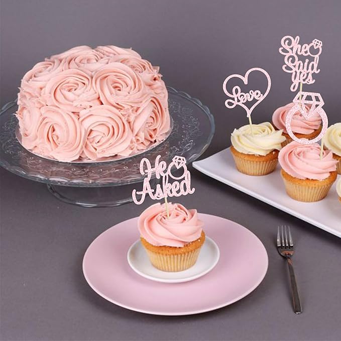 Gyufise 24 Pack He Asked She Said Yes Cupcake Toppers Light Pink Glitter Heart Ring Cupcake Picks Wedding Engagement Bridal Shower Party Cake Decorations Supplies