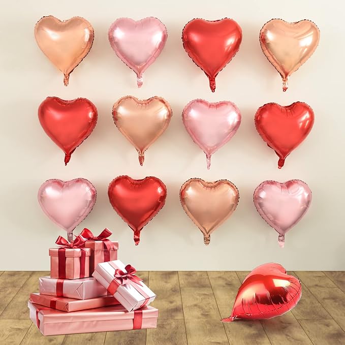 Golray 24pcs Heart Foil Balloons Love Red Pink Gold Rose 18 Inch Mylar Balloon for Valentine Day Decorations Backdrop Balloons Wall Romantic Night Proposal Wedding Anniversary Valentine Party Decor