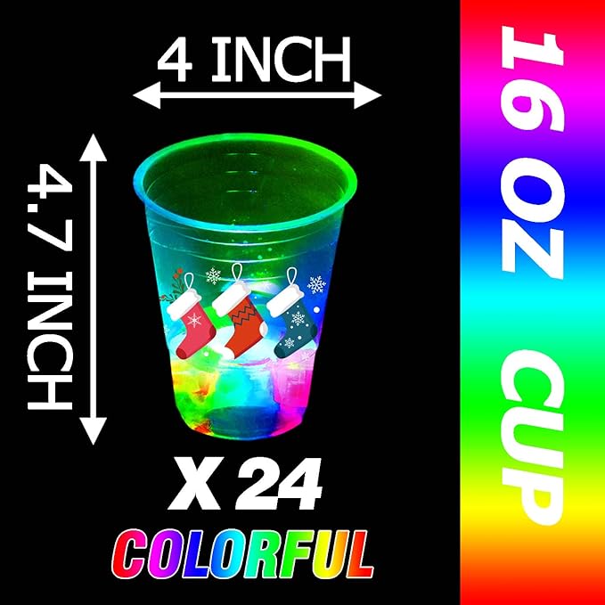 mishunyus 24 Pcs Christmas Party Cups, Glow Christmas Theme Cups, for Holiday Party Supplies, for Nighttime Fun, BBQ, Holiday Decor, with 8 pattern