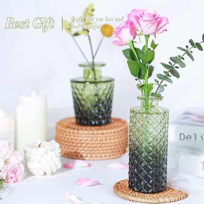 Green Glass Bud Vases Set of 12, Mini Flower Vase for Centerpieces, Small Glass Vases in Bulk for Wedding Decorations, Vintage Vase for Bridal Shower, Party, Recepetion, Home Table Décor