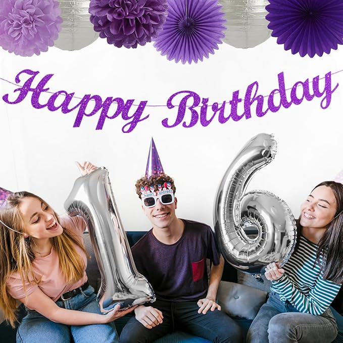Purple Silver Birthday Party-Decorations Paper-Flowers - 14pcs Happy Banner Lavender Lanterns Tissue Pom Poms,Lilac Streamers Garland Fans,Women Girls Adult Kids Office Hanging Supplies Decor Hugfond