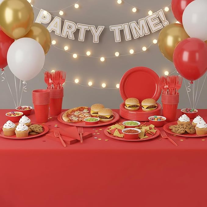 Red Plastic Dinnerware Set for Party, Disposable Plates for 100 Guests, 9" Dinner Plates & 7" Dessert Plates,Cups,Napkins,Forks,Plastic Plate Set for Birthday,BBQ,Christmas