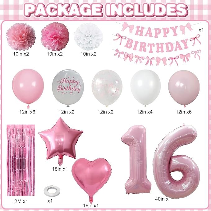 16th Birthday Decorations for Girls Pink Number 16 Balloon Bow Coquette Happy Birthday Banner Fringe Curtain Paper Pom Poms Star Heart Foil Pink White Balloons 16 Year Old Party Decor for Her