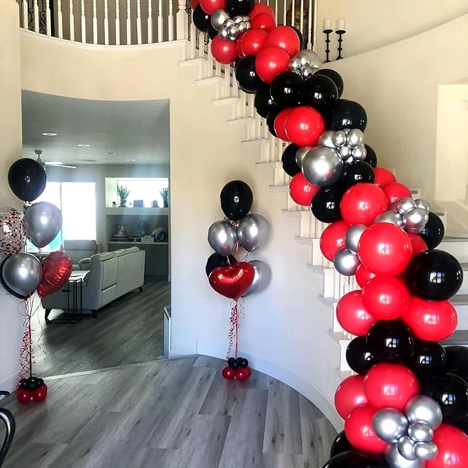 Black Red Balloons, 12 Inch Black Red White and Silver Latex Balloons with Confetti Balloon Party Decoration for Cartoon Birthday Race Car Game Theme Graduation Halloween Party Supplies