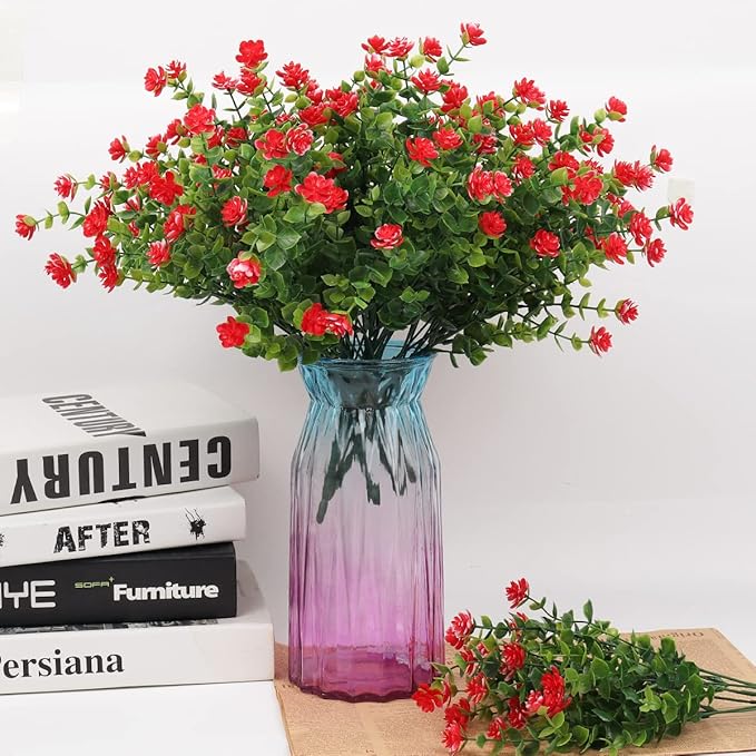 RECUTMS 12 Bundles Artificial Plants Artificial Eucalyptus Front Porch Decor Faux Spring Flowers, Fake Indoor Outdoor Greenery for Wedding Party Home Garden Fireplace Décor(Red)