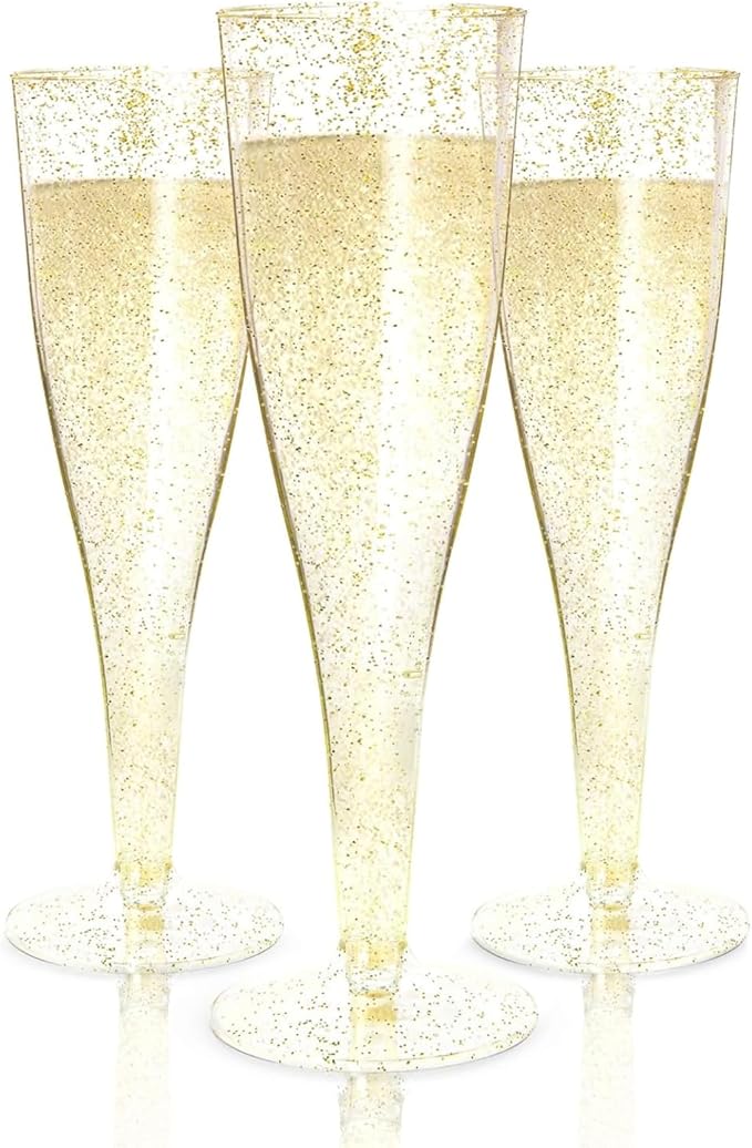 Prestee 200 Disposable Champagne Flutes Gold Glitter Glasses - 4.5 Oz Plastic Champagne Cups for Parties, Wedding Toasts, Mimosa Bar, and New Year’s Eve - Elegant Bulk Gold Plastic Wine Flutes | Disposable, Gold Glitter, Glasses, Champagne Cups, for Pa...