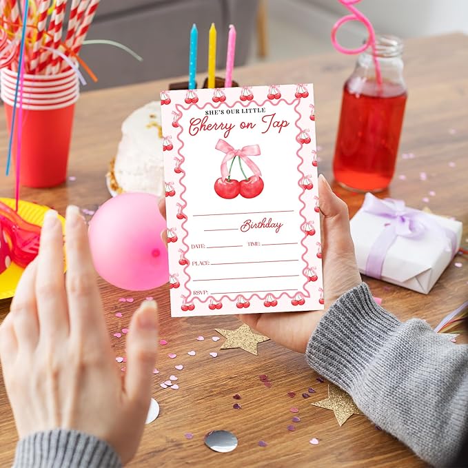 Cherry Birthday Party Invitation Cards for Women Girls Kids, Pink Bow Birthday Celebration Party Invite Cards Supplies, 20 Double-Sided Fill In Invites With Envelopes -08