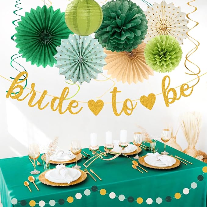 Sage Green Champagne-Gold Bachelorette Party-Decorations - 21pcs Baby Bridal Shower Banner Garland, Bride To Be Paper Streamers Lanterns,flower Tissue Pom Poms Fan,Wedding Backdrop Decor Huglony