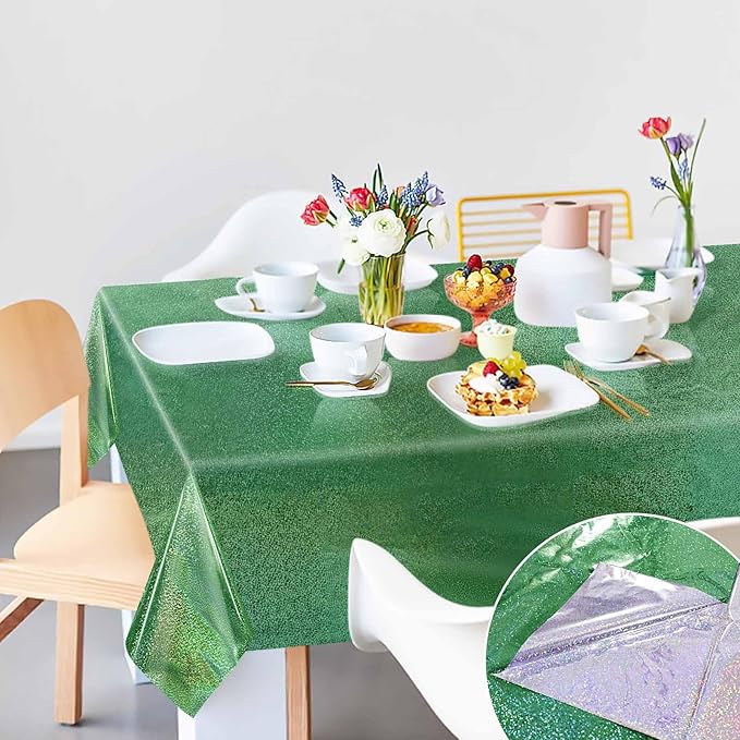 1 Pack Green Iridescent Plastic Tablecloth Disposable 54 × 108 Inch Glitter Holographic Foil Table Cloth Plastic Laser Rectangle Table Cover for Birthday Wedding Disco Party