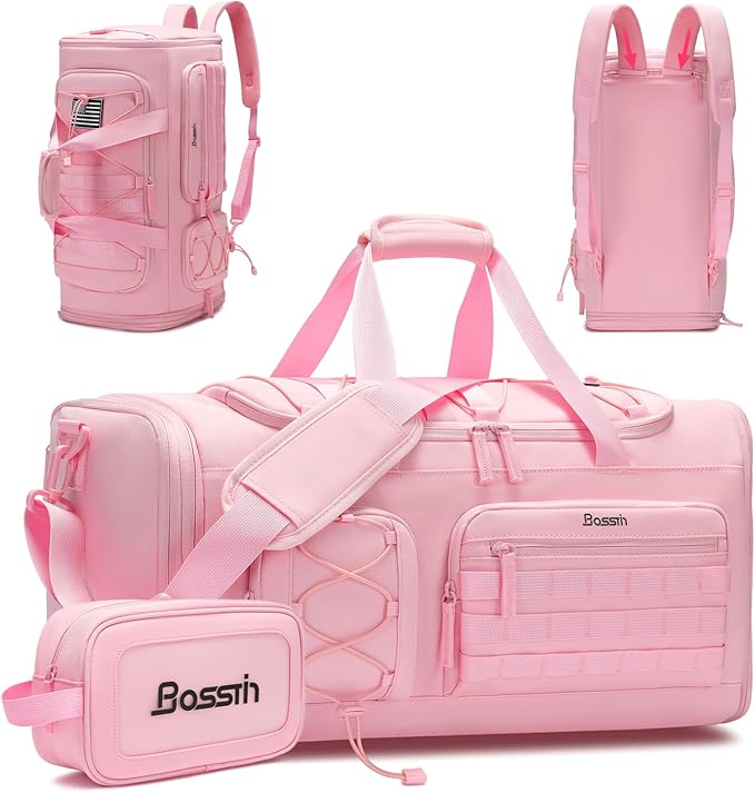 Bosstin Gym Bag for Women & Men,45L Travel Duffle Sports Duffel Bag Gym Weekender Overnight Backpack with Shoe Compartment (3PINK)
