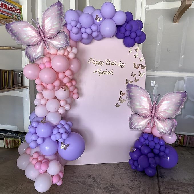 Butterfly Balloons Garland Arch Kit, 110pcs Purple Pink Balloon Arch Kit 18/10/5 Inch Lavender Maca Pink Balloon with Butterfly Sticker for Girl Women Birthday Baby Shower
