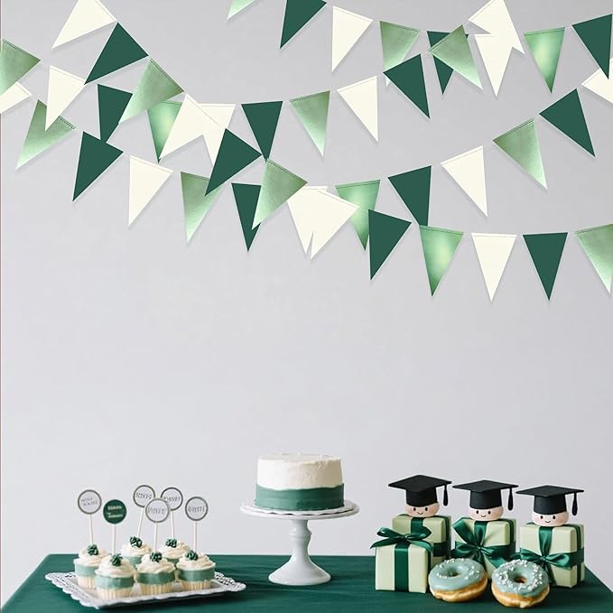 Sage Green Decorations Hanging Paper Pennant Banner Flag Green Beige Triangle Bunting Garland for Birthday Baby Shower Wedding Engagement Neutral Safari Wild One Woodland Jungle Theme Party Supplies