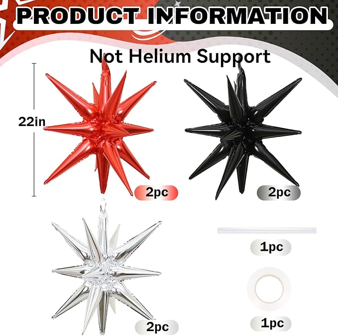 6PCS Star Balloons, 22Inch Black Red and Silver Star Balloon Foil Balloons Spike Cone Balloon for Graduation Birthday Anniversary New Year Kids Boys Party Decorations