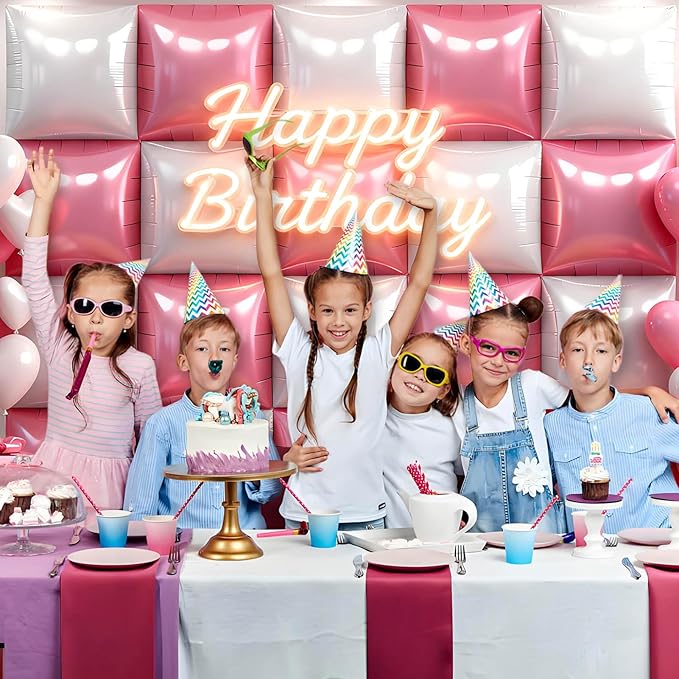 25Pcs Pink and White Square Foil Balloons Wall Backdrop, Double Sided Metallic Foil Balloons Tunnel Arch Garland Kit for Photo Booth Birthday Wedding Graduation Halloween Party Decorations