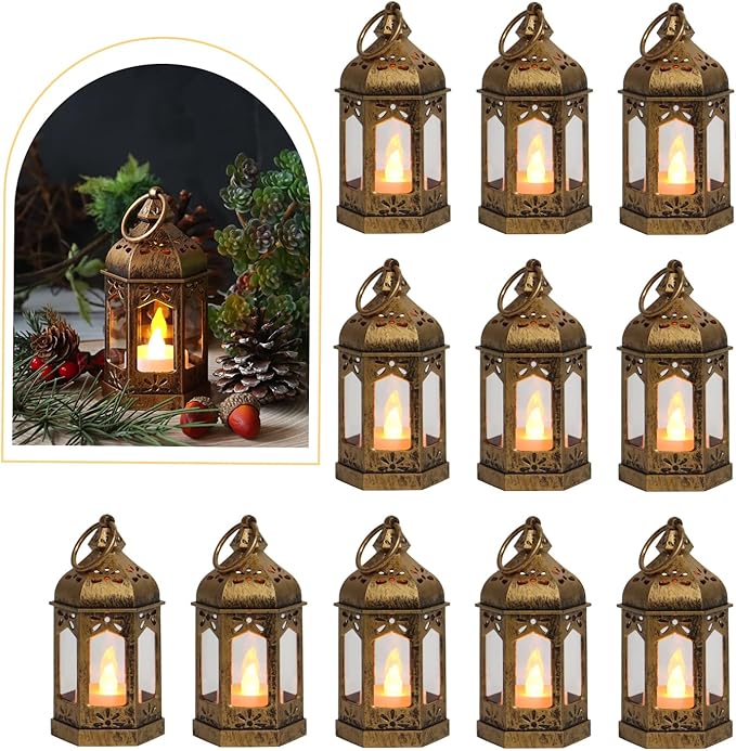 LLQ 8Pcs Mini Lantern with LED Tealight, Vintage Brown Lanterns Decorative, Hanging Candle Lanterns for Halloween Christmas Wedding Table Centerpiece Indian Decor, Garden Fairy Party Decorations