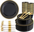 350 Pieces Black and Gold Plastic Plates with Disposable Silverware, Include 50 Dinner Plates 9”, 50 Dessert Plates 6.3”, 50 Black Cups 9 OZ, 50 Pre Rolled Napkins for Wedding Party Graduation