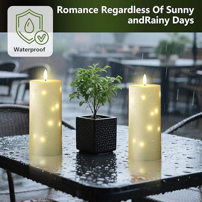 4" x 10" Large Outdoor Waterproof Flickering Flameless Candles with Timer,2Pcs Battery Operated LED Pillar Candles with Embedded Star String for Outdoor Lanterns,Porch,Patio Decor(Ivory)