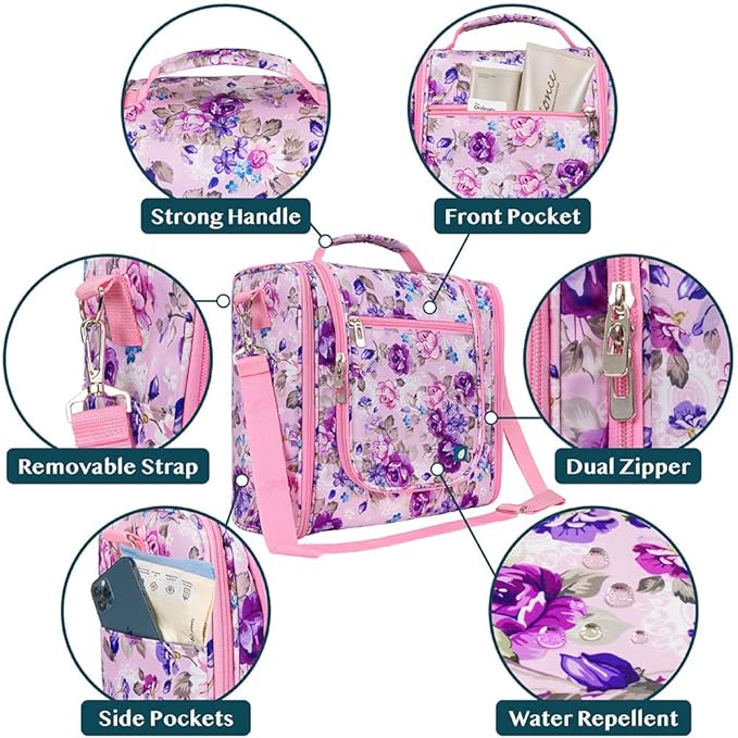 PAVILIA Extra Large Toiletry Bag Travel Bag for Women Men, Hanging Cosmetic Organizer, Water Resistant Makeup Bag for Accessories Toiletries, Travel Essentials Kit (Floral Pink)