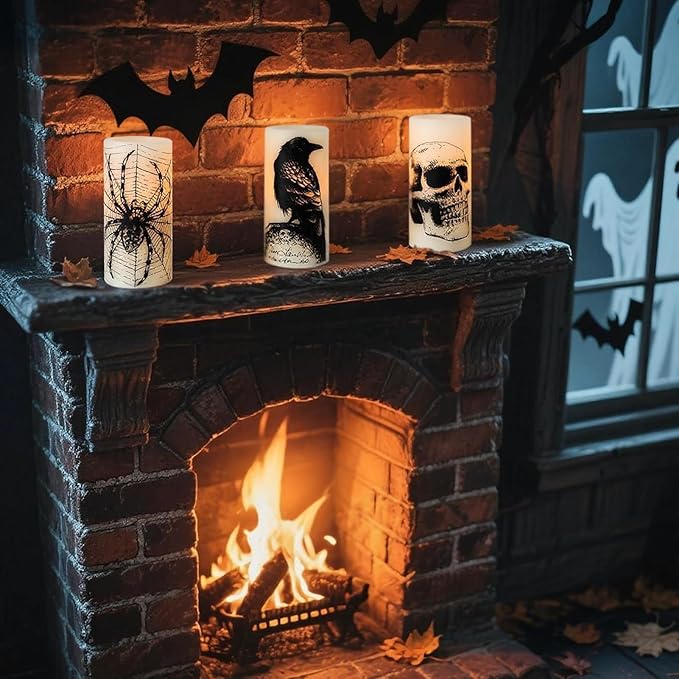 Eldnacele Halloween Flameless Candles with Skull,Spider Web, Crow Raven Decal, Rechargeable Battery Operated Cycle Timer Halloween Themed LED Real Wax Ivory Candles Spooky Decor(3pcs,D3×H6)