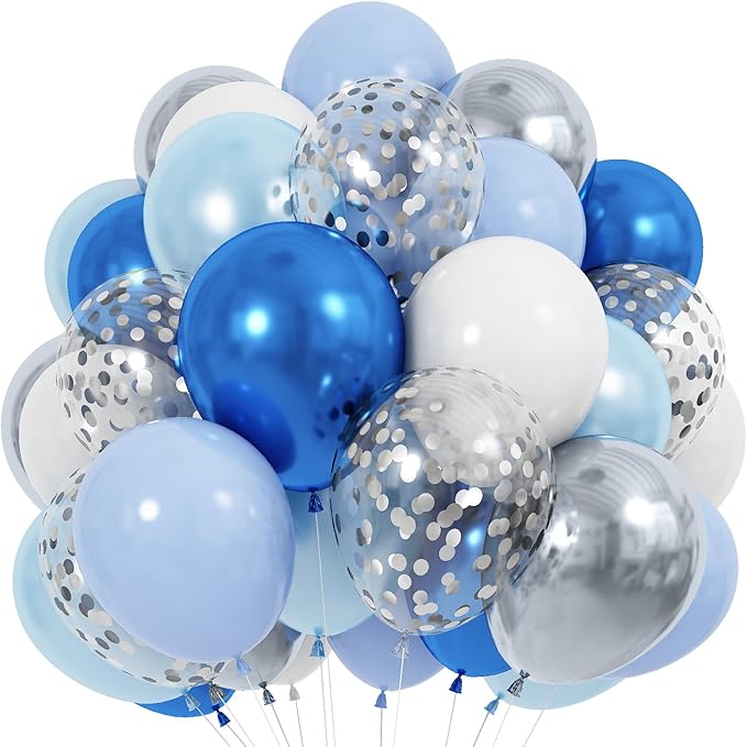 Blue and White Balloons, 60 Pcs 12 Inch Pastel Baby Blue Silver Latex Balloon with Metallic Confetti Balloons Graduation Balloon for Boys Birthday Baby Shower Christening Grad Party Decorations