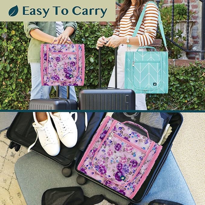 PAVILIA Extra Large Toiletry Bag Travel Bag for Women Men, Hanging Cosmetic Organizer, Water Resistant Makeup Bag for Accessories Toiletries, Travel Essentials Kit (Floral Pink)