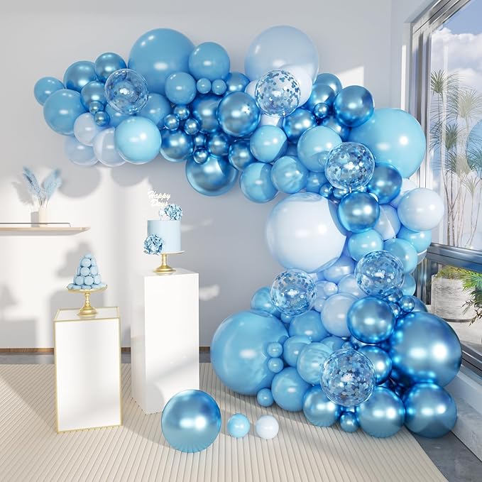 Blue Balloons Garland Arch Kit, 147 Pcs Metallic Macaron Light Blue and Confetti Silver Balloons for Baby Shower Birthday Wedding Ocean Themed Party Background Decoration