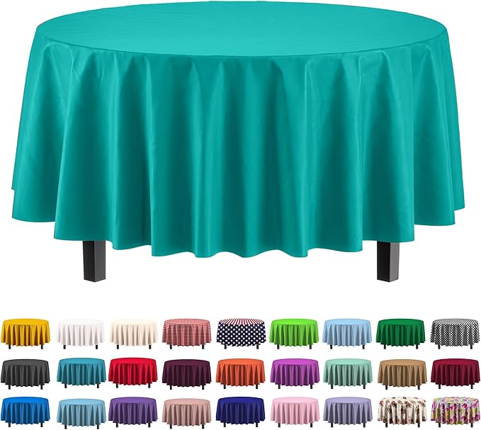 12-Pack Premium Plastic Tablecloth 84in. Round Table Cover - Teal