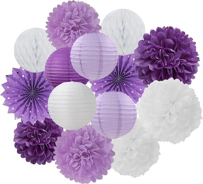 Purple-White Lavender Party Decorations Streamers - 14pcs Women Girl Birthday Paper Lanterns Fan,Tissue Pom Poms,Baby Bridal Shower Wedding Engagement Bachelorette Graduation Decor Lasting Surprise