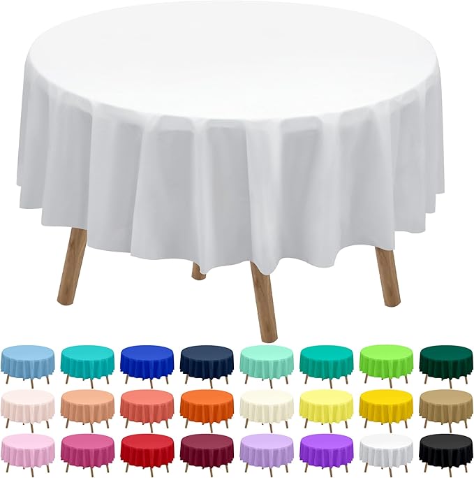 White Plastic Tablecloths 2 Pack Disposable Table Covers 84 Inch Circle Bridal Shower Party Tablecovers PEVA Solid Table Cloths for BBQ Picnic Birthday Wedding Banquet Parties 6 ft Round Table Use