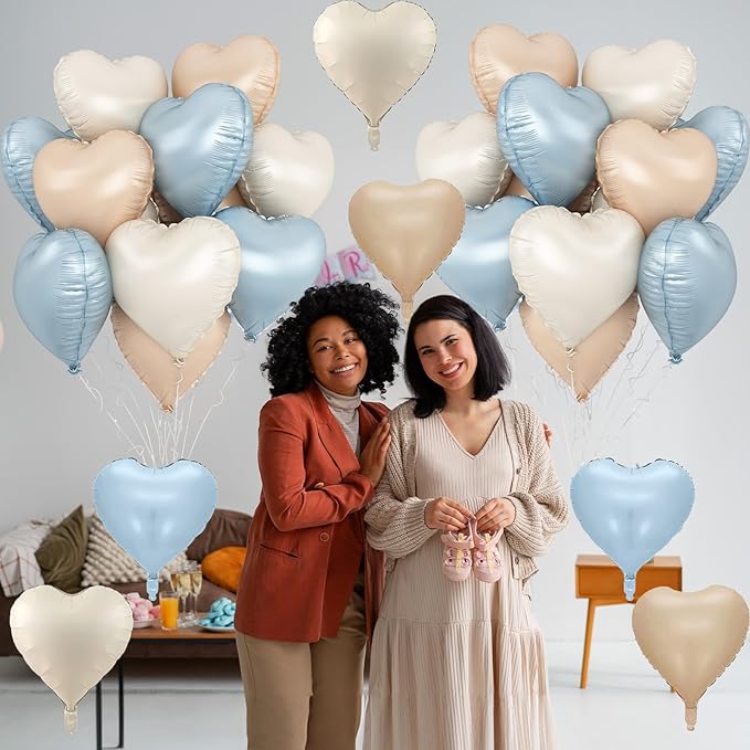 Blue Cream Heart Foil Balloons, 12Pcs Baby Blue Beige Nude Heart Shape Mylar Balloon, 18Inch Macaron Apricot and White Helium Balloons for Boho Birthdays Baby Shower Wedding Valentines Party Decor