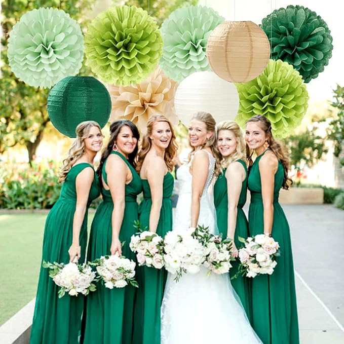 Sage Green-Boho Party-Decorations Paper Flowers Lanterns - 15PCS Birthday Gender Neutral Baby Shower Tissue Pom Poms Streamers, Champagne Gold Rustic Wedding Graduation Hanging Supplies Decor Hugfond