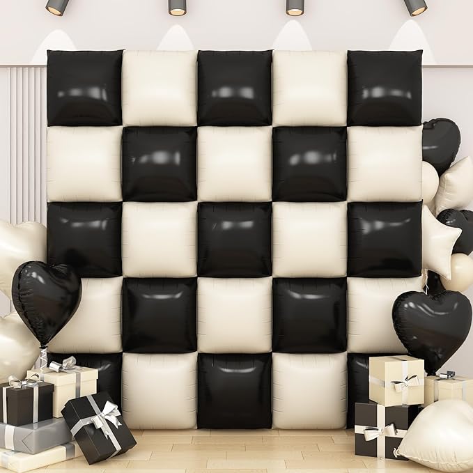 Black White Square Foil Balloon Wall,25Pcs Sand White Black Double Sided Foil Balloons Backdrop Helium Polyester Tunnel Arch Garland Kit for Birthday Bridal Anniversary Party Decorations