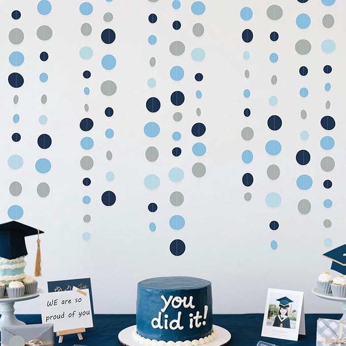 Dusty Blue Party Decorations Navy Blue Circle Dots Garland Gray Blue Hanging Paper Polka Dot Streamer for Wedding Baby Shower Engagement Bridal Shower Birthday Graduation Nautical Theme Party Supplies