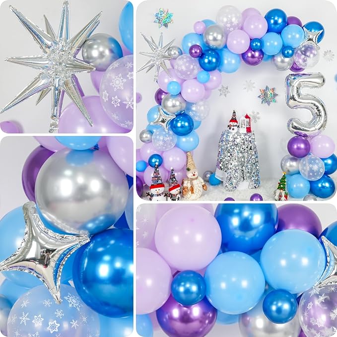 Snow 3rd Birthday Decorations Girl, Snowflake Balloon Garland Arch Kit, Laser Explosion Star Balloons, Silver Number 3 Balloon Tower for Baby Shower Girls 3rd Snow Theme Party Supplies