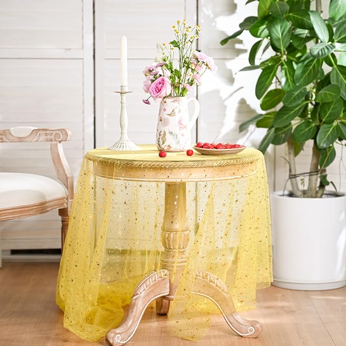 Horaldaily Yellow Gold Sparkling Star Gauze Tablecloth 60x120 Inch Rectangular, Golden Star Sequin Glitter Metallic Foil, Sheer Tulle Cheesecloth for Wedding Baby Shower Party