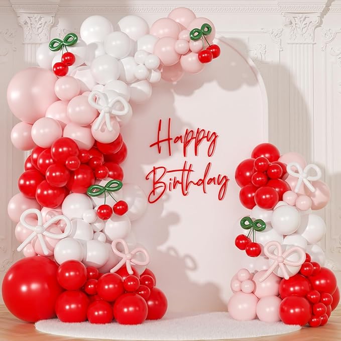 CROSSFINGERS Cherry Red Balloon Garland Arch Kit, Bow Pastel Pink and White Birthday Balloons Garland for Cherry Themed Birthday Baby Shower Wedding Galentine's Bridal Shower Party Decorations