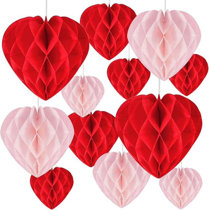 12 Pcs Heart Honeycomb Ball Heart Shaped Hanging Paper Pom Poms Decorations Valentines Photo Backdrop Decor Birthday Wedding Baby Shower Party Supplies