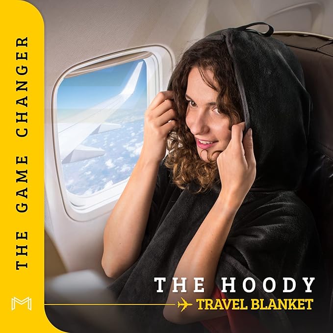 Travel Blanket Airplane Compact with Hoodie – 2in1 Airplane Travel Accessories from Plane Blanket to Travel Pillow with Luggage Strap, Soft Handle & Secure Pocket