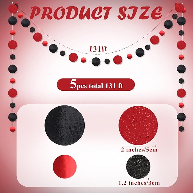 Outus 5 Pieces Black,Red Round Dots Garland Easter Graduation Party Hanging Decor Each Length 13.1ft Glitter Paper Dot Streamers for Birthday Wedding Classroom