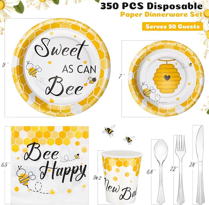 350 Pcs Bee Party Tableware for 50 Guests Baby Shower Bee Paper Plates Disposable Napkins Cups Plastic Knives Fork Spoon for Birthday Wedding