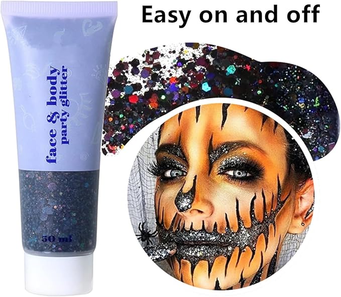 Go Ho Black Face Body Glitter,Halloween Face Paint Glitter Makeup,Holographic Chunky Sequins Glitters for Festival Cosplay SFX Costume,Festival Rave Accessories,Eye Black Glitter Gel