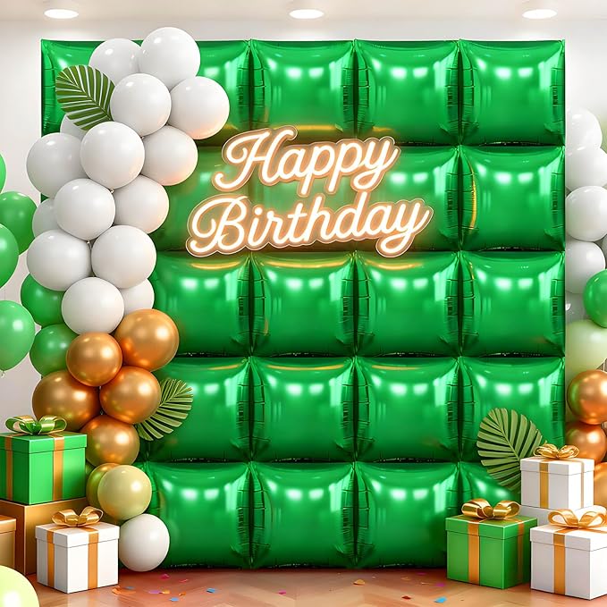 25Pcs Green Square Foil Balloons Wall Backdrop, Double Sided Metallic Foil Balloons Tunnel Arch Garland Kit for Photo Booth Birthday Wedding Graduation Halloween Party Decorations