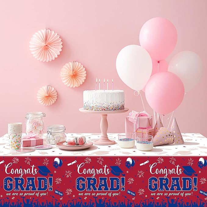 12Pack Graduation Tablecloth Party Decorations, Class of 2026 Congrats Grad Plastic Tablecover Party Supplies, Red and Blue Rectangle Graduation Table Decor for College High School Party, 54 x 108Inch